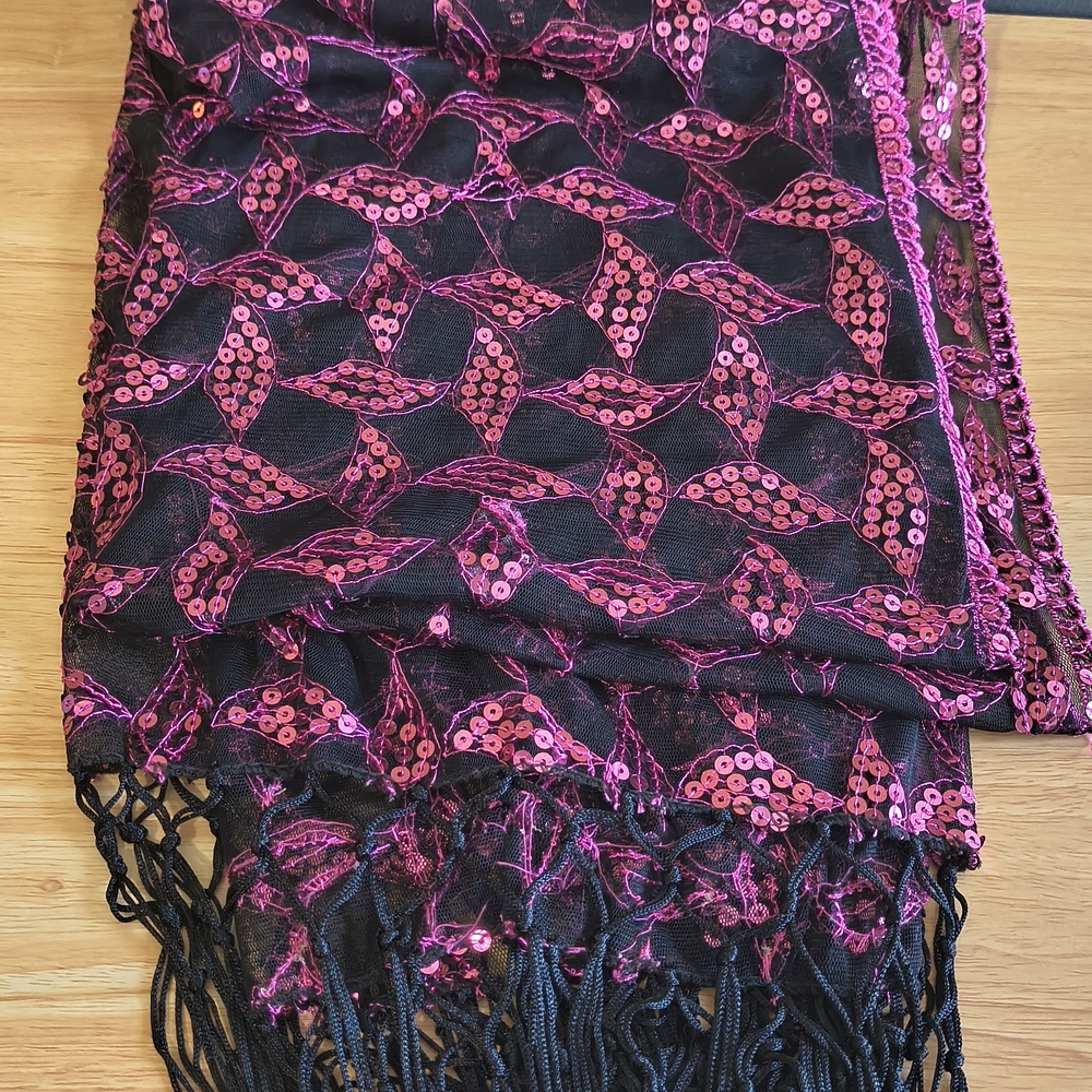 Elegant Black and Pink Sequined Scarf